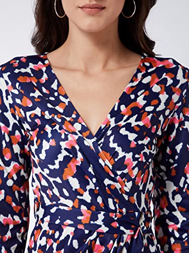 Image of Miss Chase Women's Multicolored-Base-Navy Blue V-Neck 3 /4th Sleeve Animal Wrap Knee Length Dress