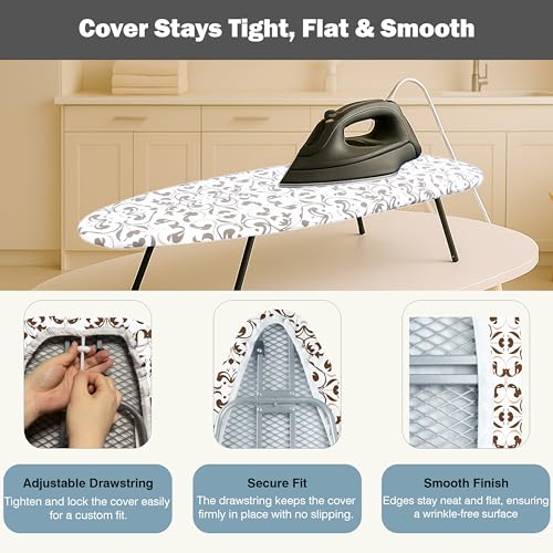 Image of Small Ironing Board Cover and Pad 12 inchx32 inch Small Iron Board Cover with Padding,Tabletop Mini Ironing Board Cover and Pad Small Size, Cotton Canvas, Heat Resistant, Drawstring Taupe
