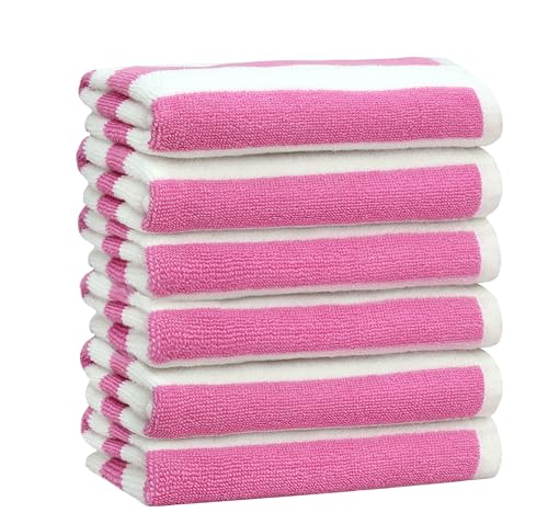 Image of ORIGINAL KIDS Hand Towels - Set of 6 Cabana Stripe 100% Cotton Yarn Dyed Terry Hand Towels - Super Soft Quick Dry Easy Care Absorbent Towels for Bathroom Kitchen Toddlers Children - 16x27 - Pink White