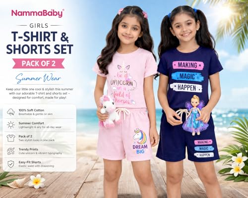 Image of NammaBaby Girl's Cotton Graphic Print Night Suit and Payjama Set - Multipack