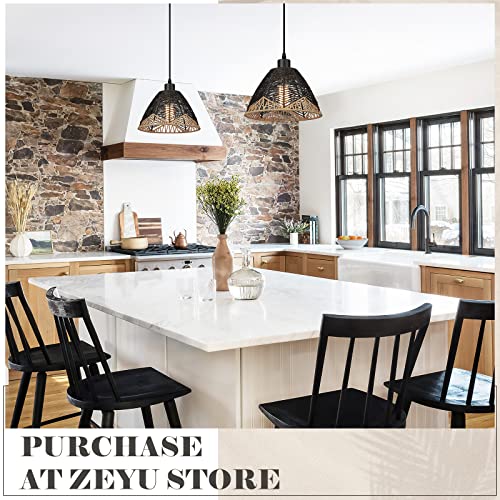 Image of zeyu 1-Light Rattan Pendant Light, Farmhouse Boho Hanging Lamp for Dining Room Kitchen, Handwoven Paper Twine Shade in Black Finish, ZSL69MIL BK