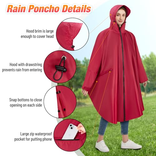 BTNEEU Regenponcho Damen Regencape Wasserdicht mit Reißverschluss Rain Poncho Festival Wiederverwendbar Regenmantel mit Kapuze und Ärmeln Regenjacke Fahrrad Lang für Wandern Camping Draussen (Rot)