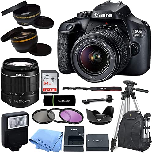 Canon EOS 4000D / Rebel T100 DSLR Camera with EF-S 18-55mm Zoom Lens + SanDisk 64GB Memory Card + Tripod + Case + Wideangle Lenses + Rtech Digital Cloth (20pc Bundle), Black