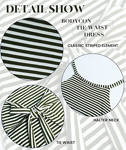 Image of NOLLSOM Women Casual Sleeveless Striped Tank Midi Dresses Halter Neck Ruched Bodycon Dresses Tie Waist T Shirt Summer Dress