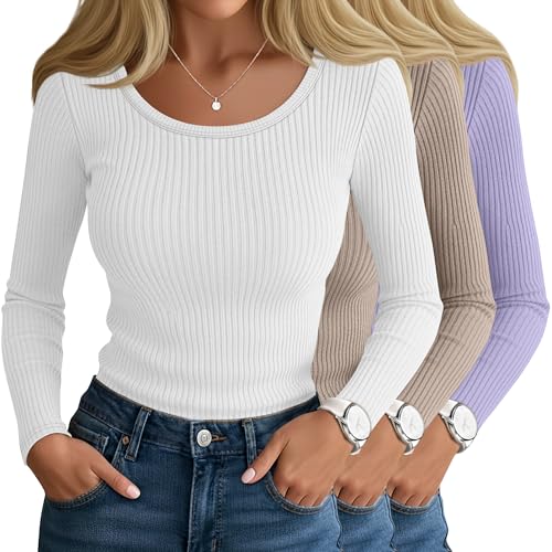 Ficerd 3 Pack Womens Ribbed Long Sleeve Tops Scoop Neck Slim Fit Shirts Cotton Casual Fall Going Out Basic Tee(White Khaki Lavender Large)