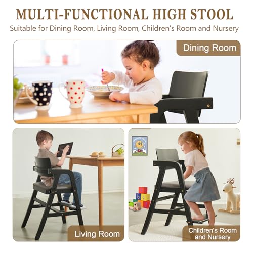 Image of Solid Wood High Chair for Toddlers to Teens, Adjustable Height Toddler Dining Chair, Easy to Clean Toddler Highchair with Removable Soft Cushion for Dining, Studying, Step Stool, Black