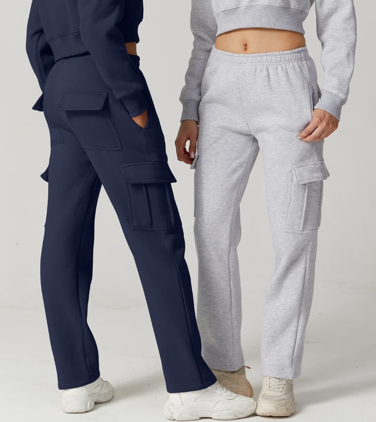 Image of QINSEN Baggy Medium Waist Elastic Sweatpants for Womens Casual Long Fleece Cargo Pants with Pockets