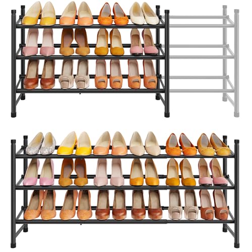 Tajsoon Étagère à Chaussures empilable à 3 Niveaux, Extensible et réglable, étagère à Chaussures en Fer pour Placard, Chambre à Coucher, entrée, Noir