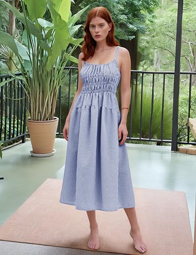 Image of Women's 2025 Summer Striped Smocked Maxi Dress Sleeveless Boho Sundress Double Strap Flowy Swing for Beach Vacation
