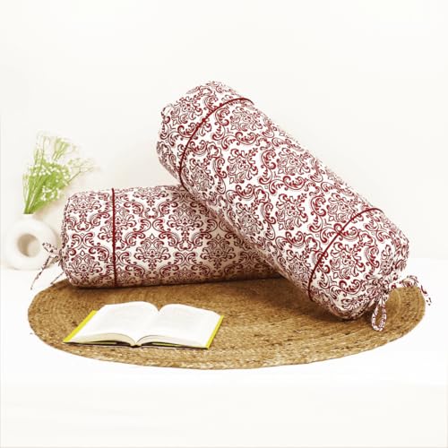 Image of AURAVE Cotton 144 TC Printed Bolster Cover with Drawstring Closure, Set of 2, Soft Breathable Durable Machine Washable for Sofa Bed & Home Decor, 15 inchx30 inch, Maroon | Cover Only
