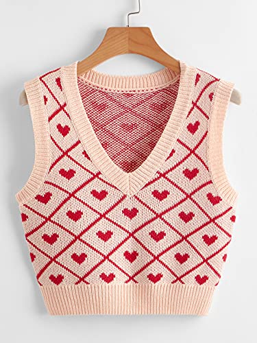 SweatyRocks Women's Plaid Geo Sleeveless V Neck Knit Crop Top Sweater Vest Heart M - Image 6