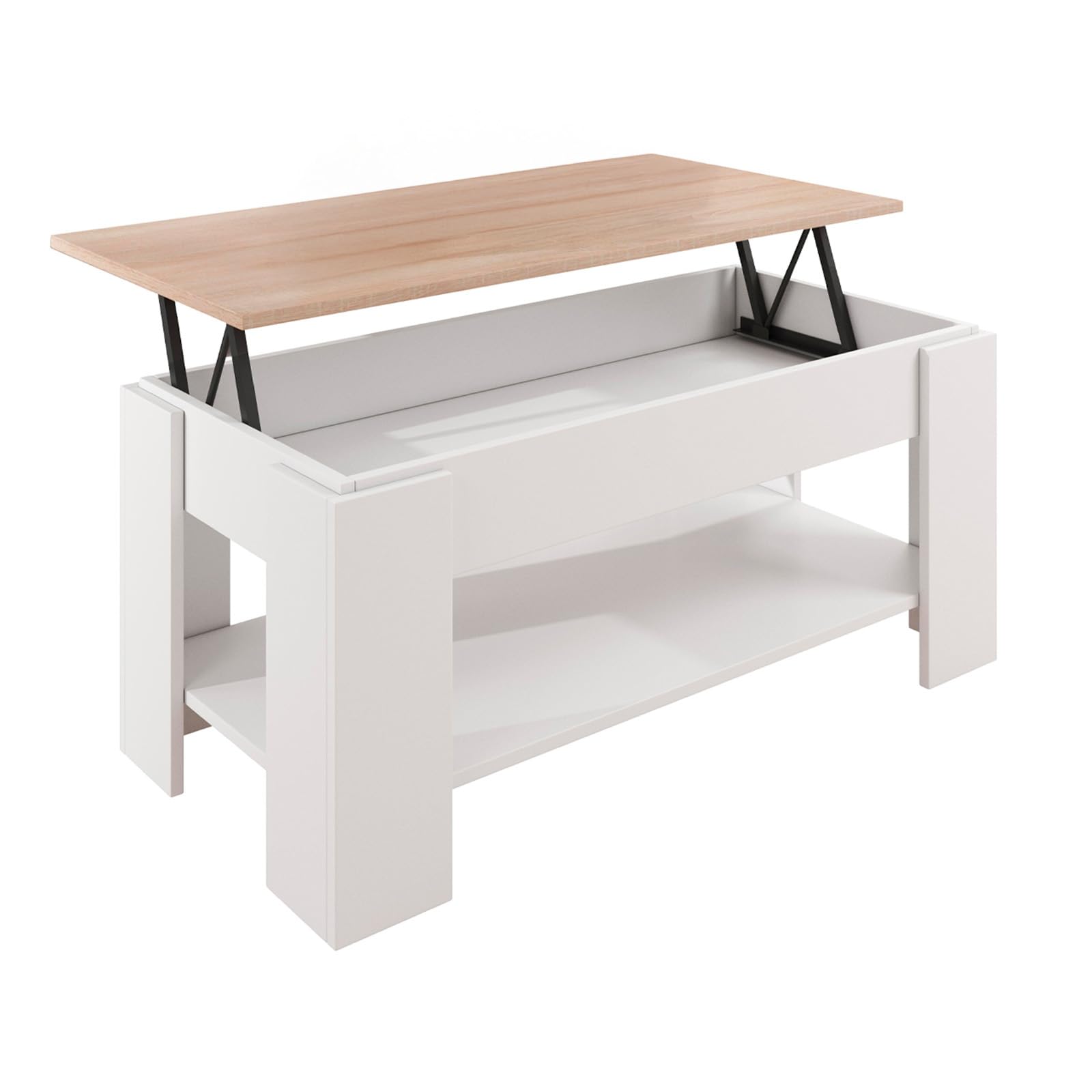 MB Muebles Bonitos, Mesa de Centro Elevable con Almacenameinto Nicoleta, Mesa pequeña para Salón, Melamina Mate, Color Blanco y Sonoma, 100x50x43,5 cm