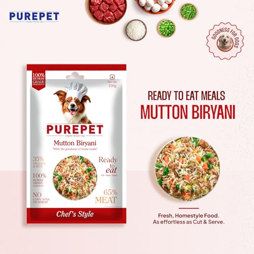 Image of Purepet Fresh Dog Food Mutton Biryani, for Adult & Puppy, 100gm | High Protein, 65% Real Meat, 35% Veggies & Rice | No Preservatives | Ready to Serve | All Breeds | One Pack One Meal (Pack of 12)