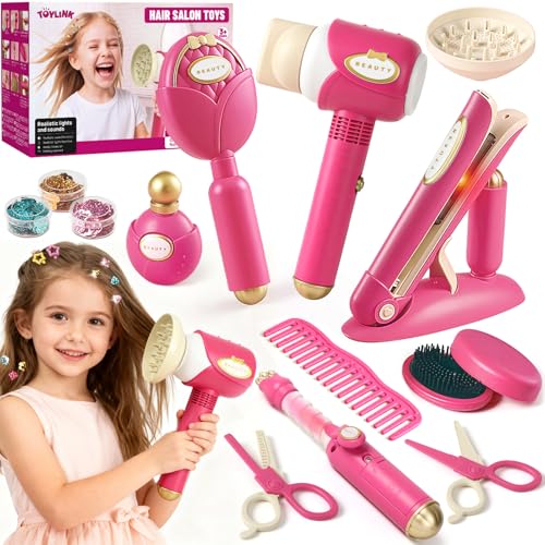 Set Peluquería Juguete Niña 3 -8 Años, con Secador de Pelo, Plancha, Rizador, Peine,Tijeras, Trenzado, Maquillaje Salón de Belleza Juguetes Juegos de Simulación Regalo para Niña 3 4 5 6 7 8 Años