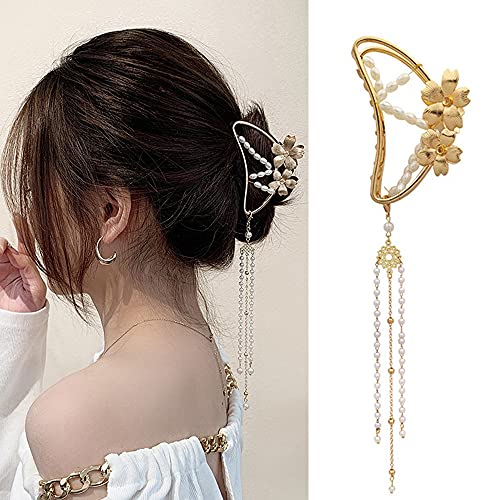 Flower Hair Clips 1PCS Flower Gold Hair Claw Clip Metal Flower Tassel Design Hair Clamp Stylish Barrettes Hair Clip Large Hair Catch Clip Hair Jewelry for Thick/Thin Hair Women Girls Hair Accessories