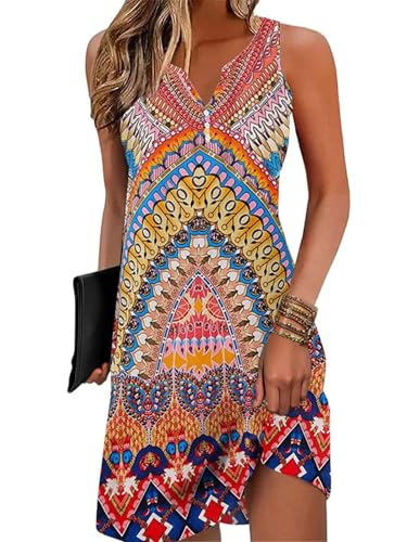 Image of Disamer Womens Summer Dress 2026 Casual Button Down V Neck Sleeveless Boho Floral Beach Sundresses Vacation A-Line Dresses