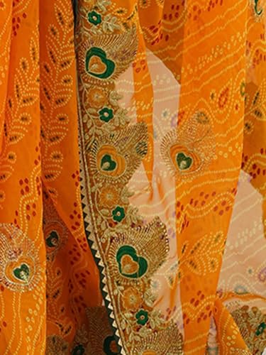 Image of Satrani Women's Georgette Bandhani Printed Embroidered gota lace Saree with Unstitched Blouse Piece