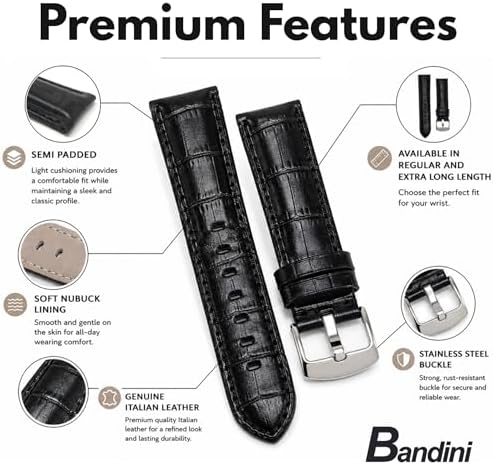 Bandini Mens 20mm Extra Long Leather Watch Band for Large Wrists – Premium Top Grain Alligator Embossed Strap, Durable Replacement, Soft Comfortable Fit, Black - 1