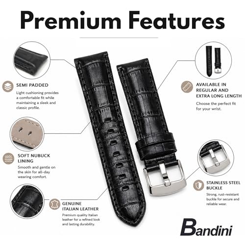 Image of Bandini Mens Leather Watch Band - Extra Long & Regular, Premium Top Grain Alligator Embossed Strap, Durable Upgrade Replacement, Comfortable Leather, Fits Large Wrists, 18mm to 38mm