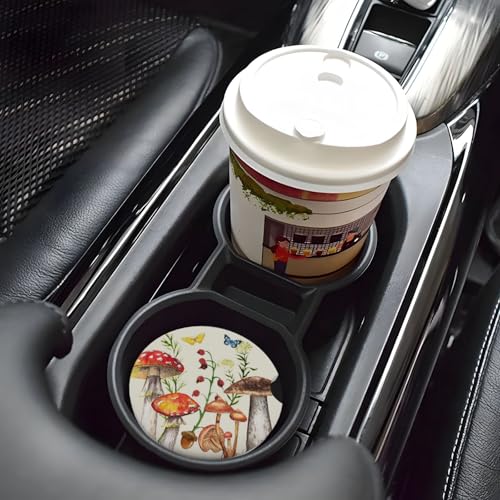 Image of Mushroom Butterfly Car Coasters for Cup Holder Absorbent Ceramic Cup Coaster 2 Pack Anti Slip Car Interior Accessories with Finger Notch Cork Base for Women Men 2.56 inch