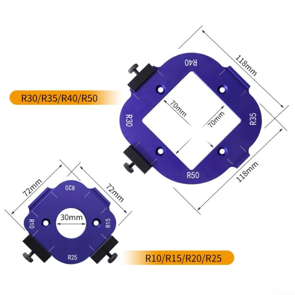 Schablonensatz für abgerundete Eckenradien, Eckradius-Schablone aus Aluminiumlegierung zum Schneiden von Holzbrettern mit klarer Skala R10-R25 R30-R50, vereinfachtes Schneiden, Fräser für abgerunde