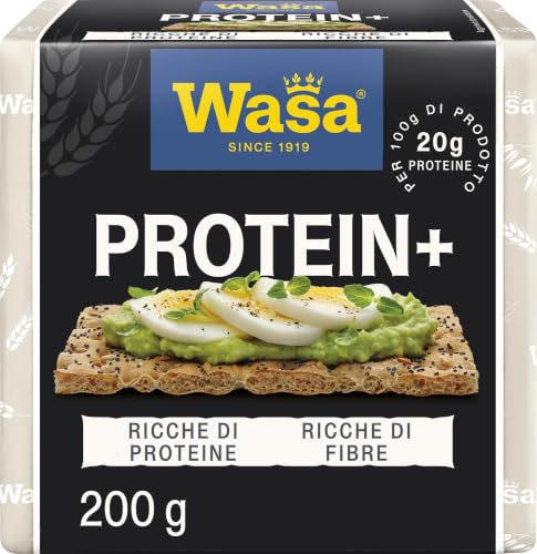 Wasa Protein+, Fette Croccanti, Ricche di Proteine 20g per 100g, con Semi di Lino, Semi di Papavero e Sale Marino, 200g (Confezione da 6)