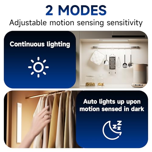 Image of Under Cabinet Lights,74 LED Rechargeable Battery Operated Motion Sensor Light Indoor, 2 Pack Under Cabinet Lighting Closet Lights,Suitable for Kitchen, Wardrobe, Stairs (White Light, 15.7inch)