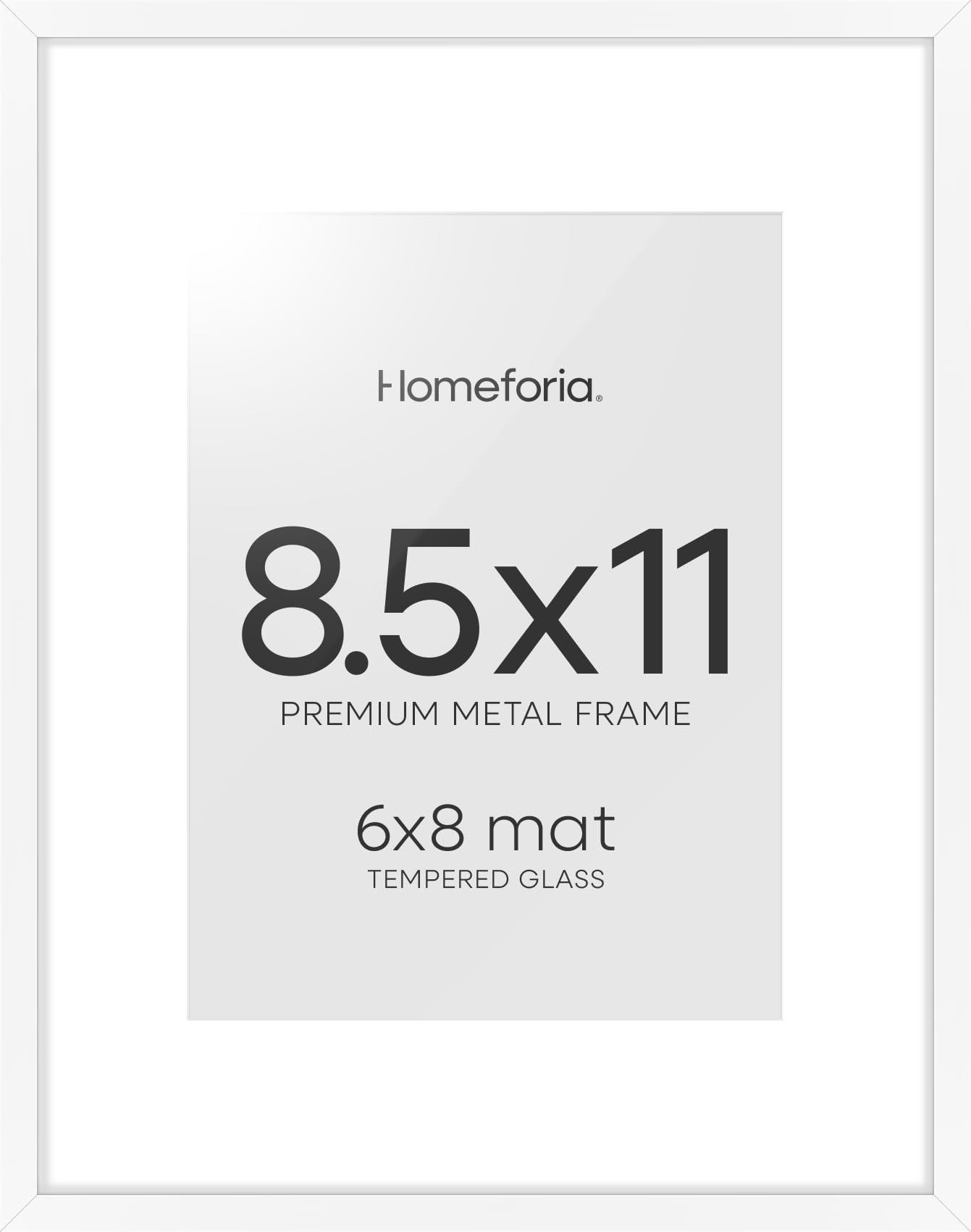 Homeforia 8.5x11 White Picture Frame, High-End Metal, 6x8 Mat, Glass | High End Aluminum, Tempered Glass, Acid-Free 6x8 Removable Mat, 8.5x11 in Edge-to-Edge Display 11x8.5, Wall Kit, Set Of 1
