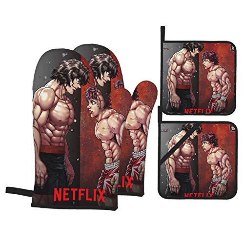 ケンガンアシュラ (3) 4ピースオーブンポットホルダー耐熱オーブンミットキッチンタオルベーキング調理バーベキューベージュ 2つの断熱手袋と2つの鍋カバーパッド