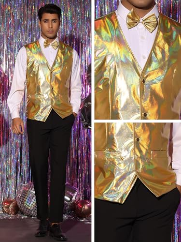 Lars Amadeus Metallic Vest for Men's V-Neck Sleeveless Shiny Disco Party Holographic Waistcoat Bowtie4