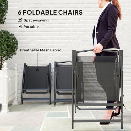 Outsunny 8 Piece Patio Dining Set with Table Umbrella, 6 Folding Chairs and Rectangle Dining Table, Outdoor Patio Furniture Set, Black - Image 5