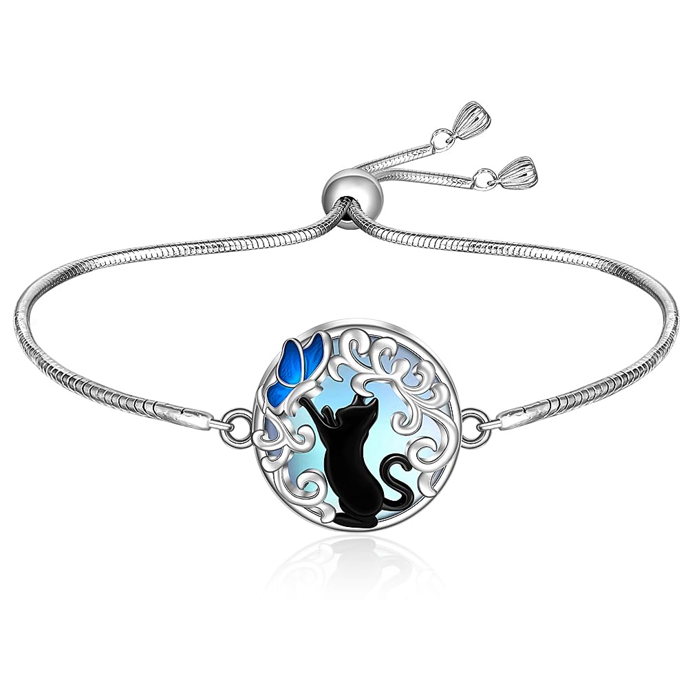 Black Cat Bracelet Filigree Moonstone Filigree Butterfly Cat Bracelets for Women Sterling Silver Halloween Cats Lover Gifts