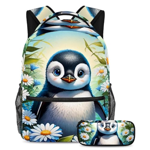 Ensemble sac à dos mignon pingouin et sa trousse fleur, le cadeau idéal pour fille et garçon