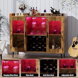 Liquor cabinet bar with power outlet led light wine bar cabinet with wine glasses rack home coffee bar cabinet buffet sideboard with storage shelf for kitchen dining room rustic brown  urban country home decor