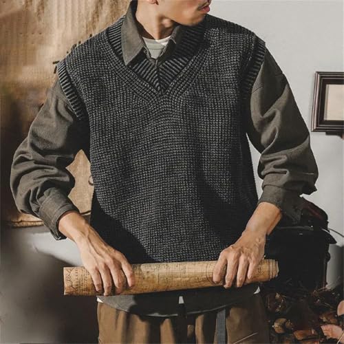 Vintage Winter Sleeveless Men Sweater Vest Solid Fashion Loose Patchwork Pullover V-Neck Knitted Tank Tops3