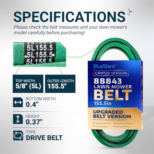 Image of [Upgraded Grip120] BlueStars 88843 Bush Hog Drive Belt 155.5 inch x 5 /8 inch | Drive Belt for ATH 720 FTH 720 72 inch RDTH 72 TD-1700 55 inch HDZ3155FX4 HDZ3355ECV4 HDZ3855ECV4 Mower Drive Belt Aramid Cord Belt