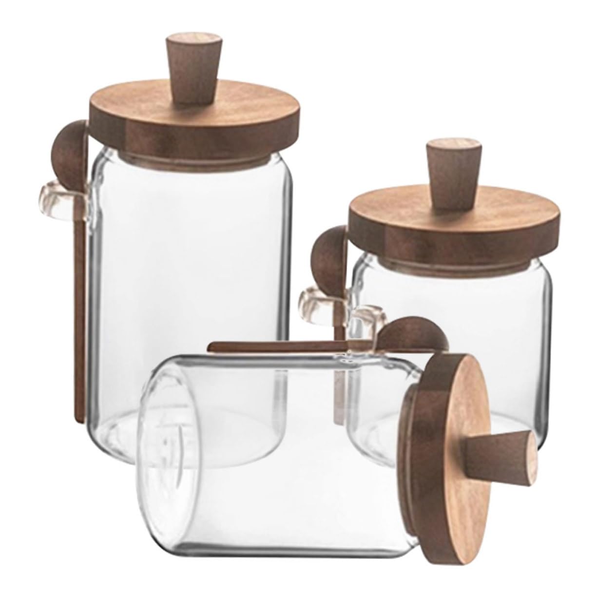 Gewürzbehälter 3 Stück aus Glas mit Holzdeckel und Löffel Luftdicht | Inhalt 850/550/400ml, Drei Größen, für Küche, Restaurant, Platzsparend, Schlichtes, Modernes Design
