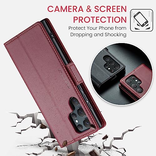 SINIANL Galaxy S22 Ultra Case Wallet with RFID Blocking, Card Holder, Kickstand, Magnetic Closure - Red Leather Flip Folio Case by SINIANL - Image 5
