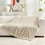Cozy Bliss Faux Fur Throw Blanket for Couch, Jacquard Fuzzy Plush Soft Thick Winter Throw Blanket for Sofa Bed Living Room Bedroom, 50 * 60 Inches Khaki