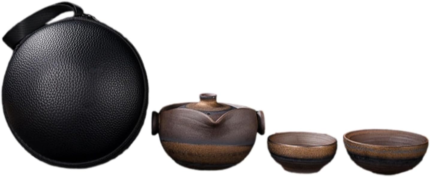 复古粗陶鎏金杯一壶二杯旅行茶具套装便 Ceramic Kung Fu Tea Set,teapot,Teacups,warming Wedding Birthday Gift,Tea Tray Chinese,Dishwasher Safe 鎏金·复古烧便携装