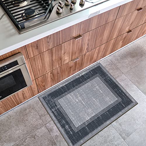 Machine Washable Bordered Design Non-Slip Rubberback 2X5/2X3 2Pcs Set Traditional Runner Rug/Area Rug For Hallway, Kitchen, Entryway, Bathroom, 2 Piece Set - 20" X 59" / 2'3" X 3', Gray/Black #TOP4