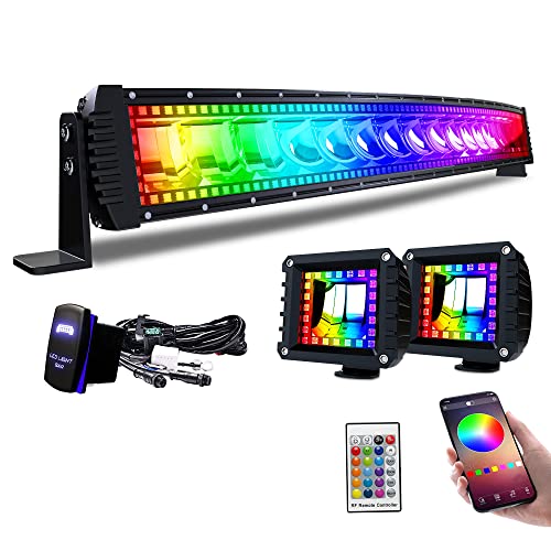 Lpteso RGBW Curved LED Light Bar 32Inch 180W Flood Spot Combo Beam 2PCS 4 Inch 18W Flood RGB LED Pods with 16 Solid Colors Chasing RGB Halo Ring Changing with Strobe Flashing with Rocker Switch Wiring