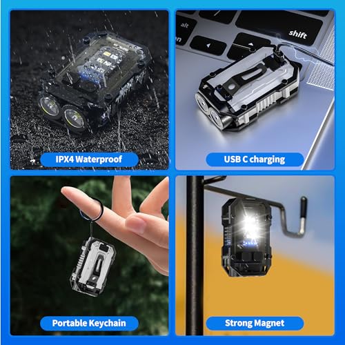 Image of 2 Pack Mini Keychain Flashlight with Clip, LED Magnetic EDC Key Chain Light for Mechanics with COB Sidelight, USB C Rechargeable Small Multi-Use Waterproof Light for Work Car Repair