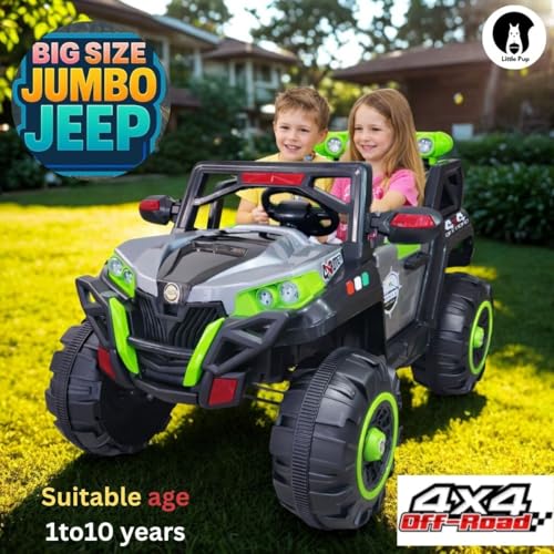 Image of Little Pup Battery Operated 4x4 Big Size 12V Battery Ride On Truck, Jeep for Kids Drive 2 to 10 Years | Motor for Steering | Remote Control | Suspensions | Jumbo Driving Car (Grey Green)