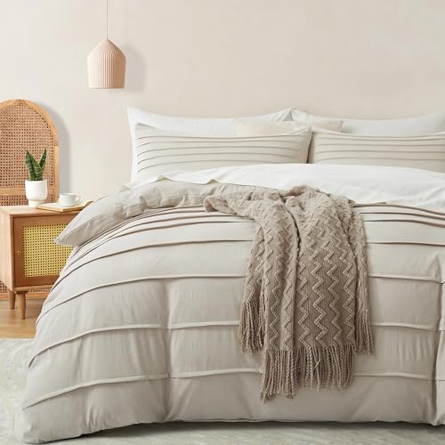Oli Anderson Linen Grey Duvet Cover Queen Size - Pleated Queen Duvet Cover, 3PCS Soft and Breathable Textured Bedding Set with Zipper Closure(Linen,90"x90") 02 - Linen Full/Queen(90"×90")