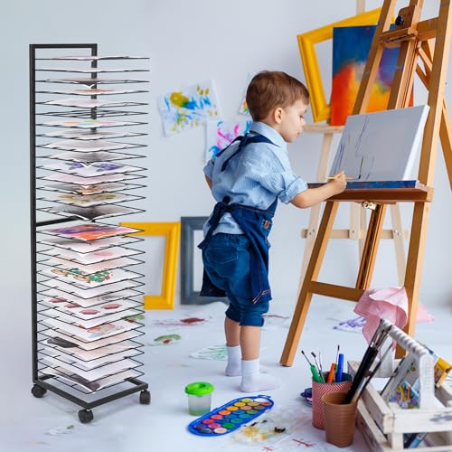 Image of GENMOUS Art Drying Rack, Metal Painting Drying Rack with 30 Removable Shelves, Art Storage Rack with Lockable Wheels for Art Studio Classroom School, 47.2 x 10.8 x 12 Inches