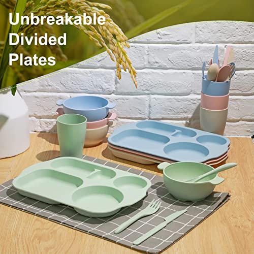 24 Pcs Wheat Straw Dinnerware Set Cutlery Set Including Unbreakable Divided Plates Microwave Dishwasher Safe Bowl Unbreakable Tableware Straw Cutlery Spoon Knife Fork Cup (Beige/Pink/Green/Blue) #TOP6