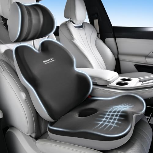 Image of Coverado Seat Cushions Neck Pillow Lumbar Support Pillow for Car, Memory Foam Office Chair Back Support Orthopedic Coccyx Cushion with Non-Slip Bottom Neck Butt Back Pillow for Chair Truck Gray&Black