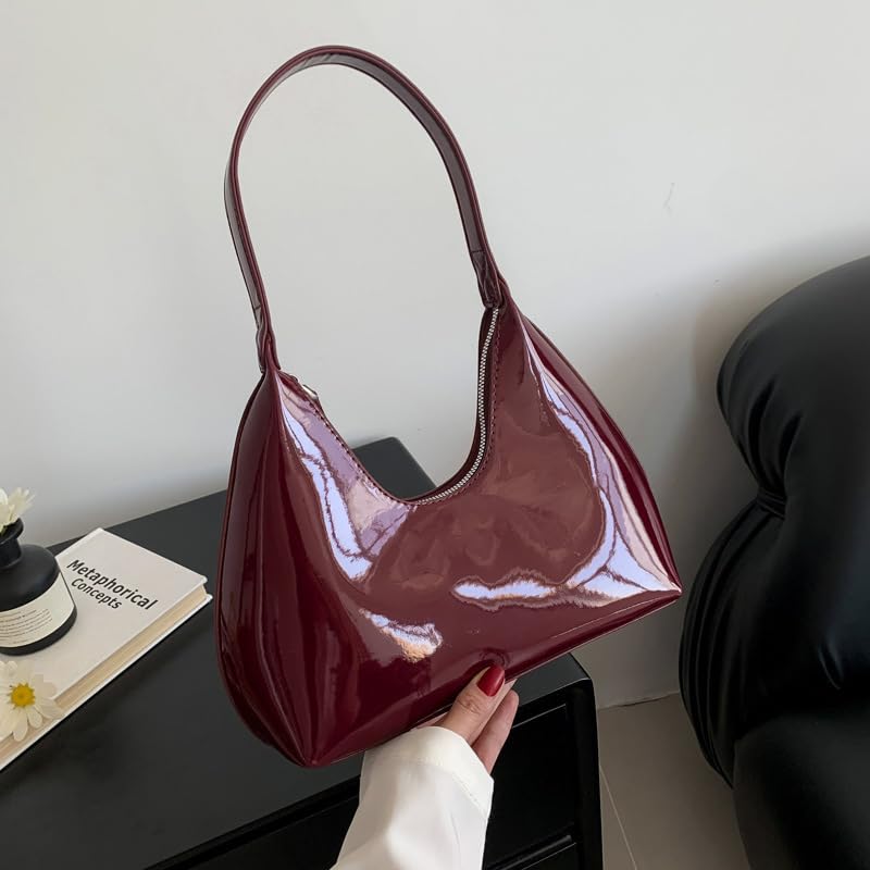Image of Patent Leather Hobo Shiny Handbags Cute Evening Clutch Armpit Shoulder Bag Crescent Purse