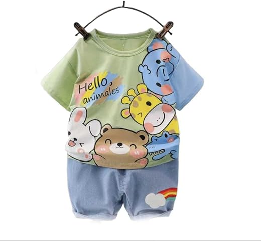 Shree Shyam Textile Animal Print Denim Half Co-ord Sets for Baby Girls, Playful Attire of Matching Set of Hoisery Tops &amp; D...